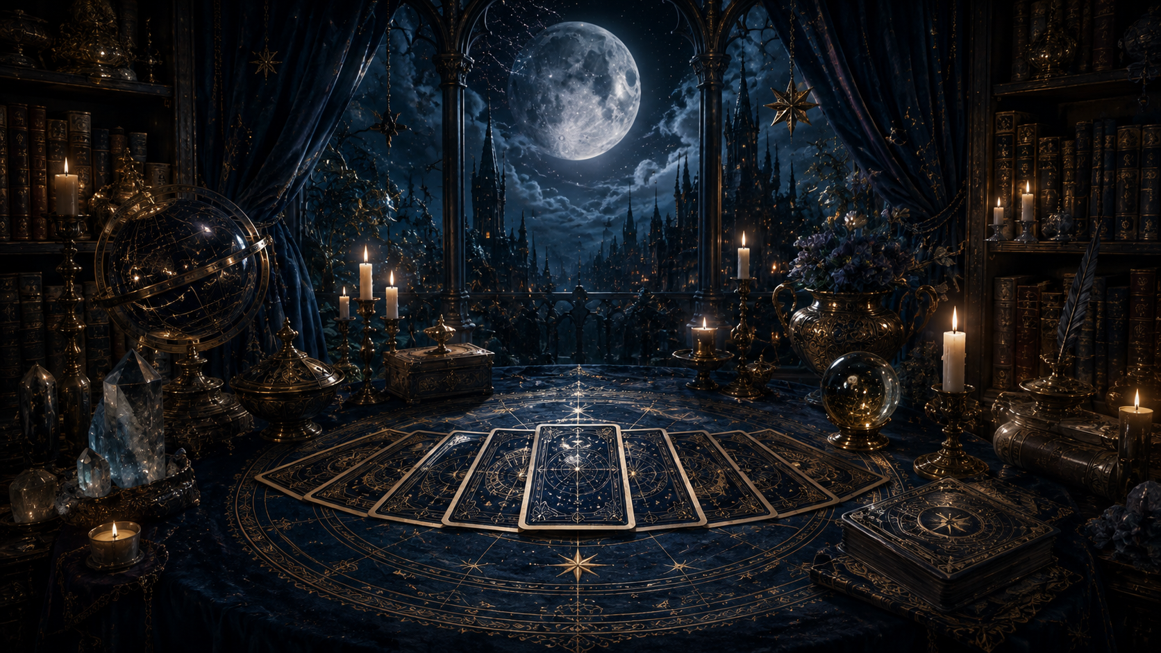 Tarot cards arranged for a moonlit reflective reading