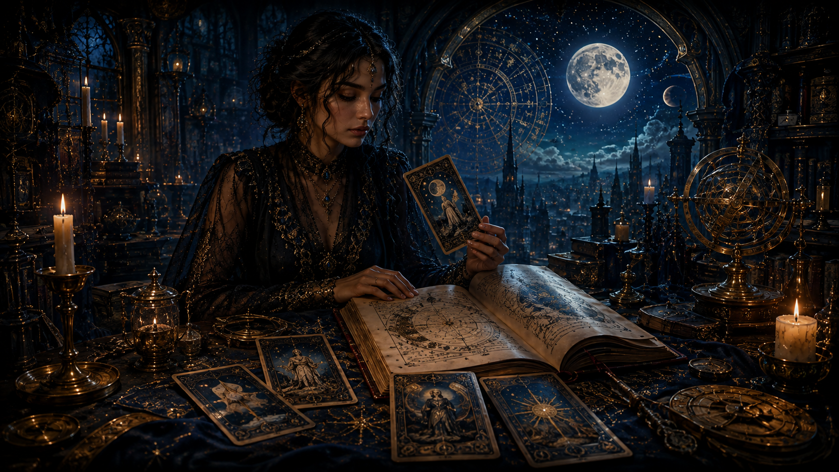 Tarot cards and an open book arranged for studying card meanings