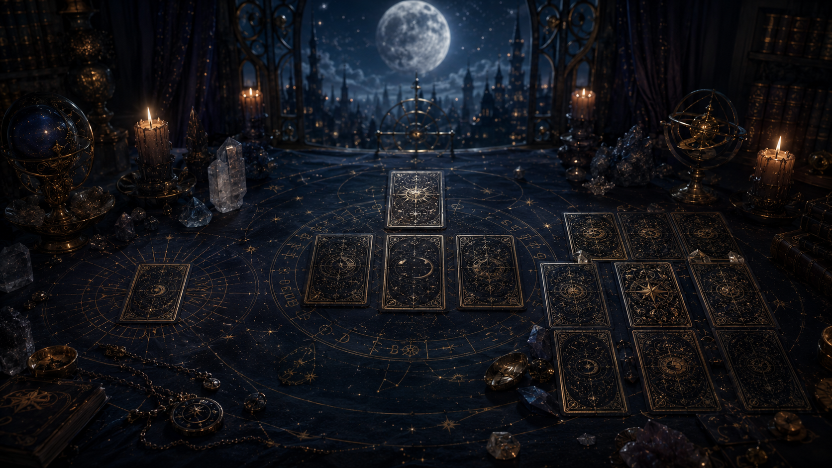 Several tarot spreads arranged across a celestial reading table