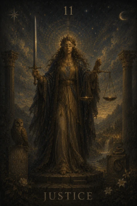 Justice from the Veilrise Arcana tarot deck