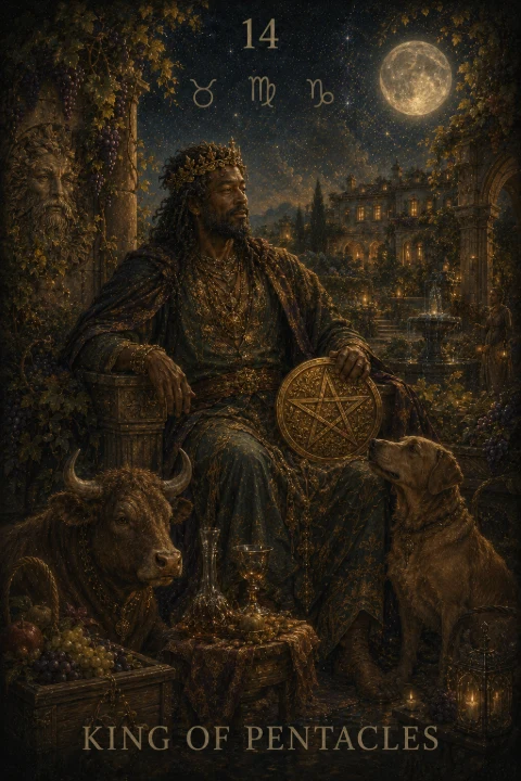 King of Pentacles from the Veilrise Arcana tarot deck