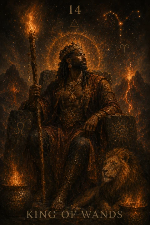King of Wands from the Veilrise Arcana tarot deck