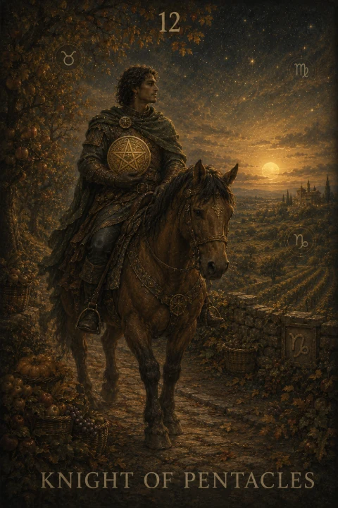 Knight of Pentacles from the Veilrise Arcana tarot deck
