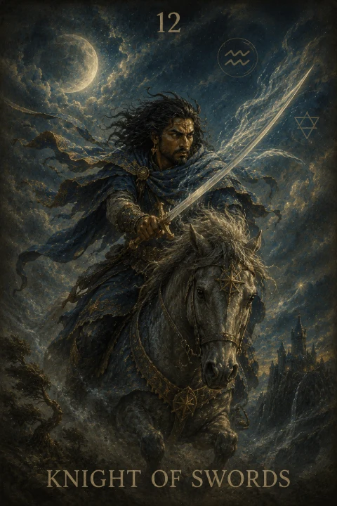 Knight of Swords from the Veilrise Arcana tarot deck