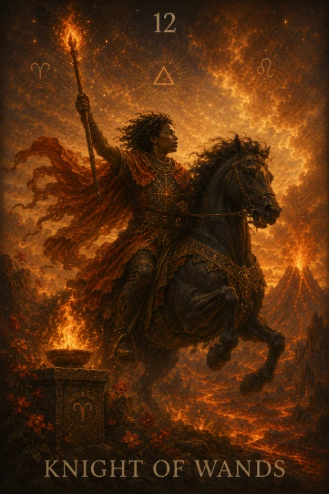 Knight of Wands from the Veilrise Arcana tarot deck