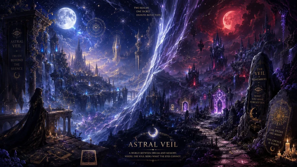 A luminous Astral Veil sanctuary spanning sunlit and moonlit worlds