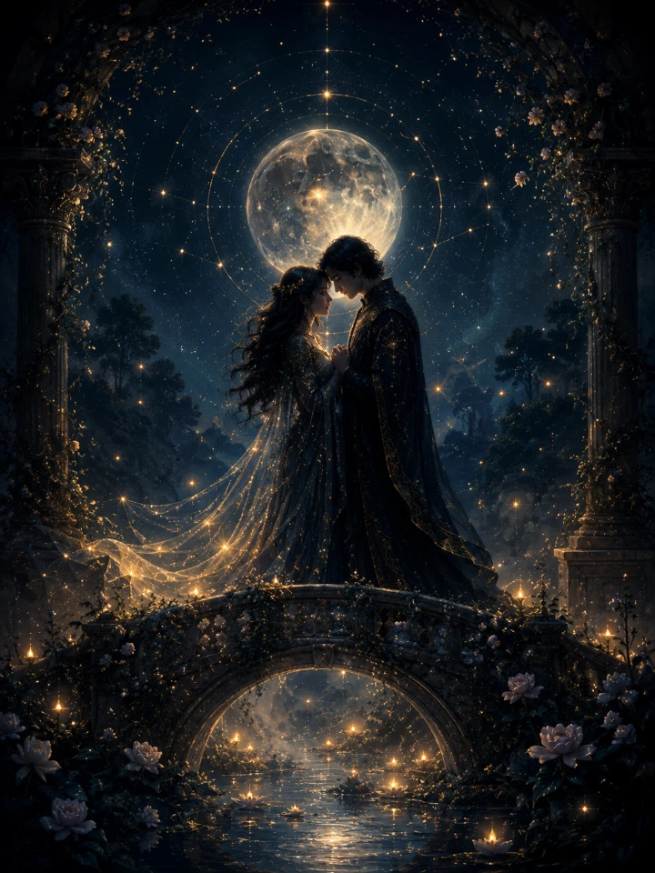 Two soulmates meeting beneath a moonlit celestial arch