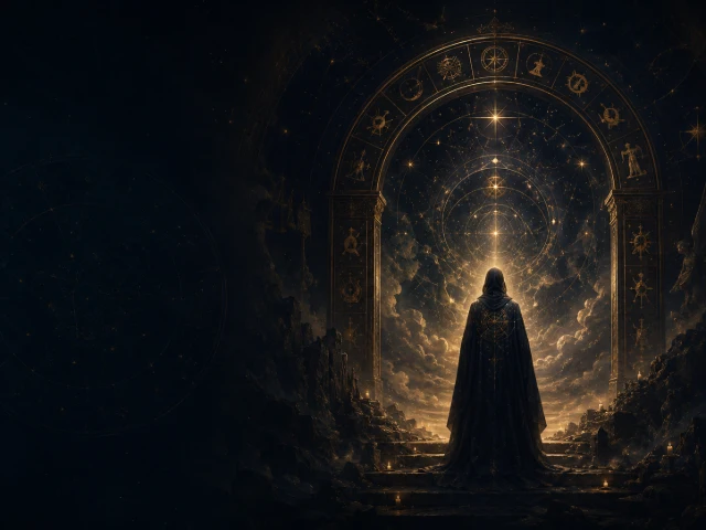 A cloaked figure standing before a luminous celestial arch