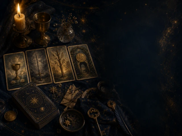 Four symbolic tarot cards arranged beside a candle and ritual objects