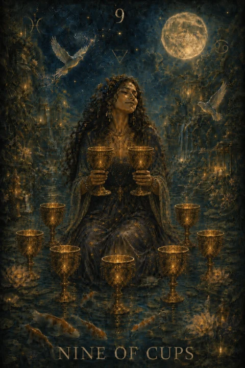 Nine of Cups from the Veilrise Arcana tarot deck