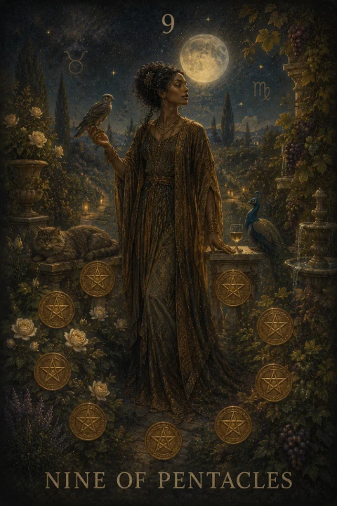 Nine of Pentacles from the Veilrise Arcana tarot deck