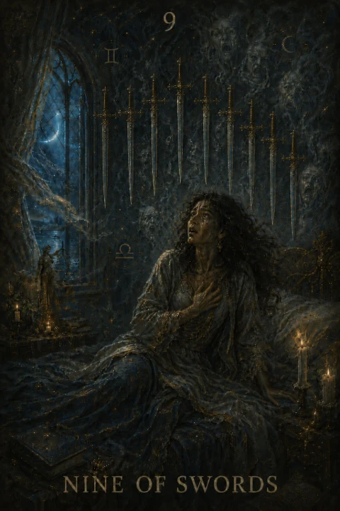 Nine of Swords from the Veilrise Arcana tarot deck