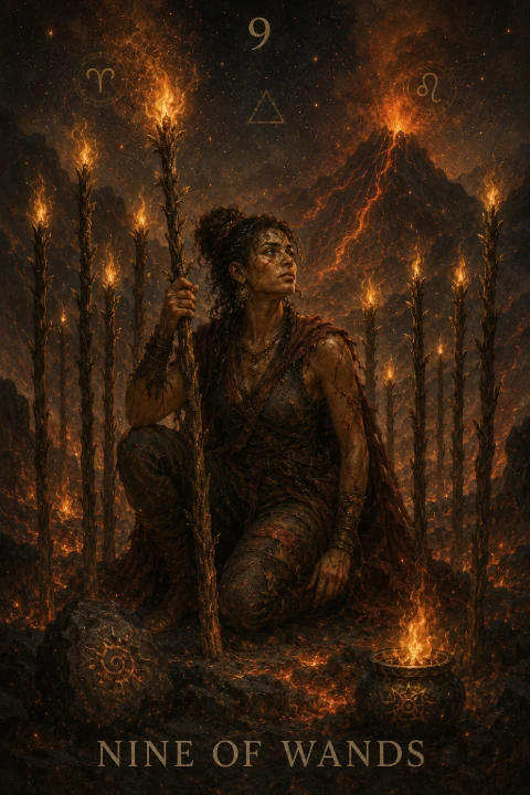 Nine of Wands from the Veilrise Arcana tarot deck
