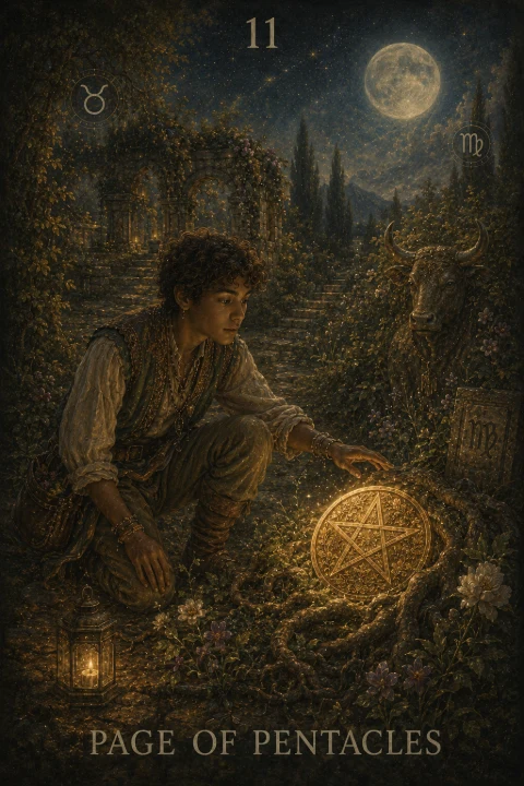 Page of Pentacles from the Veilrise Arcana tarot deck