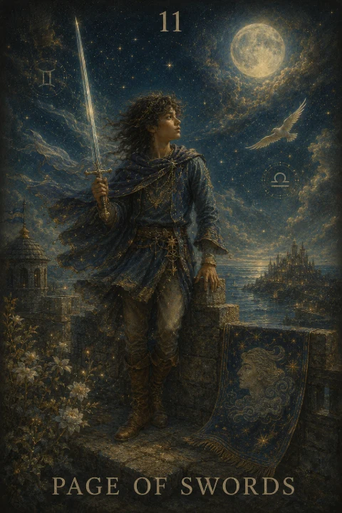 Page of Swords from the Veilrise Arcana tarot deck