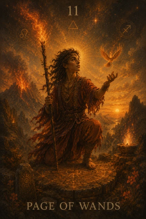 Page of Wands from the Veilrise Arcana tarot deck