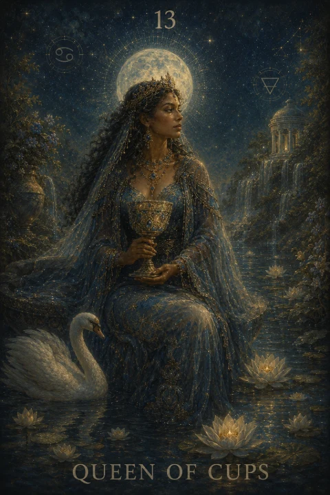 Queen of Cups from the Veilrise Arcana tarot deck