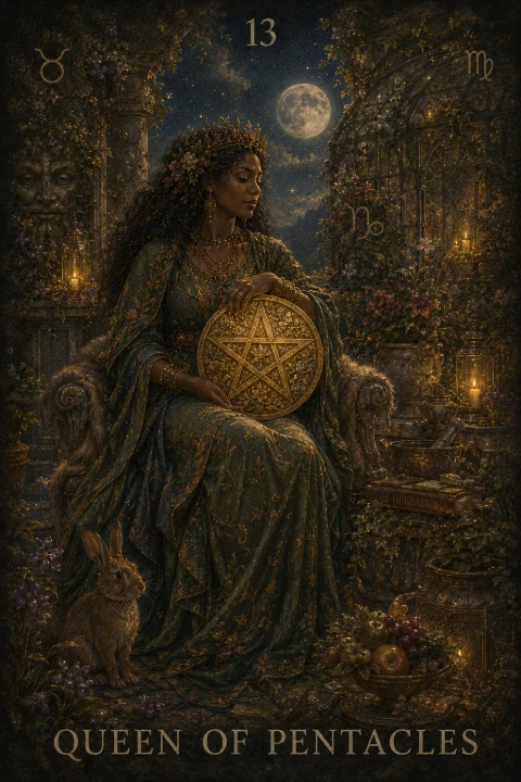 Queen of Pentacles from the Veilrise Arcana tarot deck