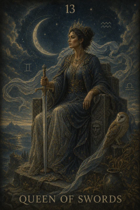 Queen of Swords from the Veilrise Arcana tarot deck