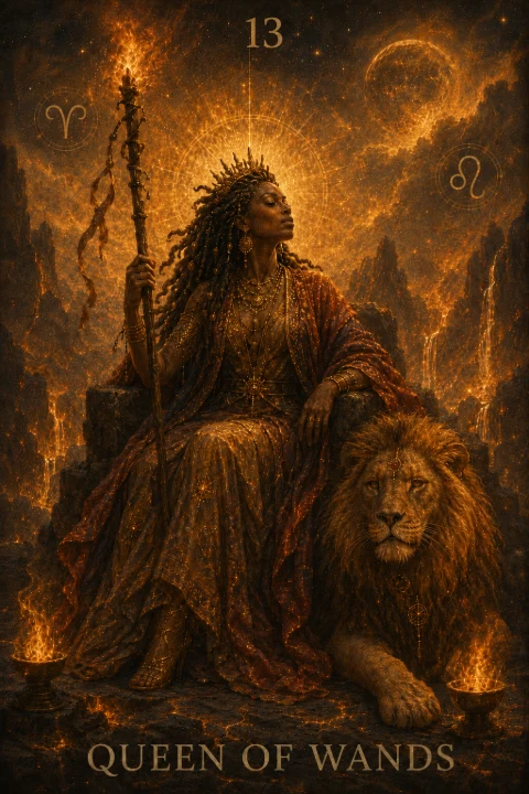 Queen of Wands from the Veilrise Arcana tarot deck