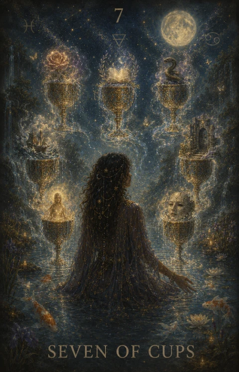 Seven of Cups from the Veilrise Arcana tarot deck