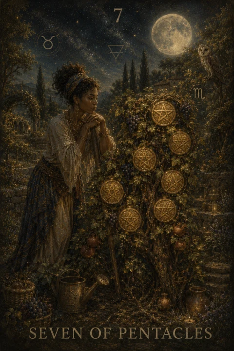 Seven of Pentacles from the Veilrise Arcana tarot deck