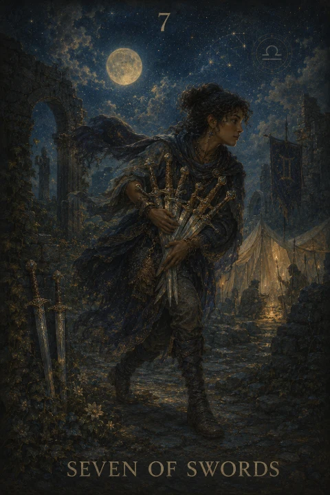 Seven of Swords from the Veilrise Arcana tarot deck