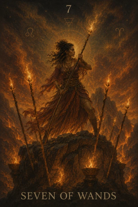 Seven of Wands from the Veilrise Arcana tarot deck