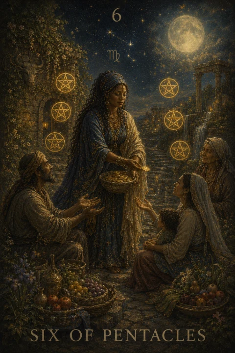 Six of Pentacles from the Veilrise Arcana tarot deck