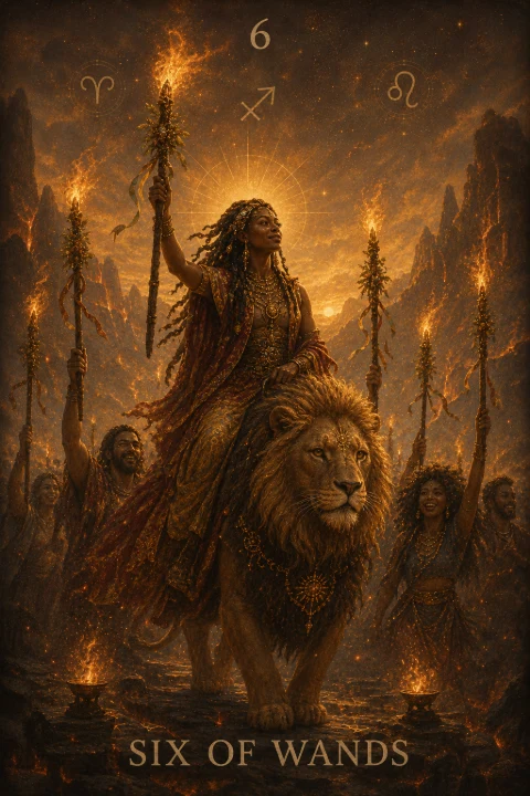 Six of Wands from the Veilrise Arcana tarot deck