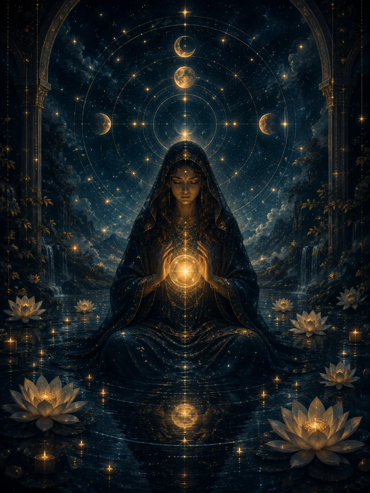 Mystic meditating with a glowing celestial orb among lotus flowers