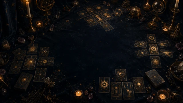 Multiple tarot spreads arranged across a candlelit midnight cloth