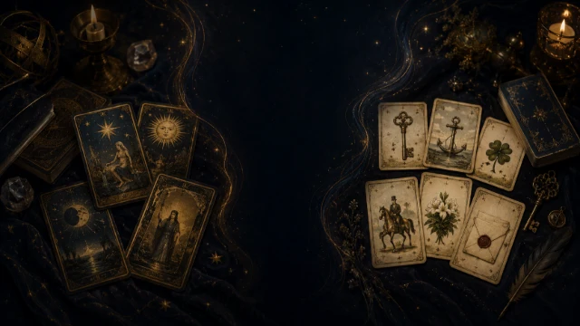 Tarot cards and Lenormand cards arranged side by side on a celestial cloth