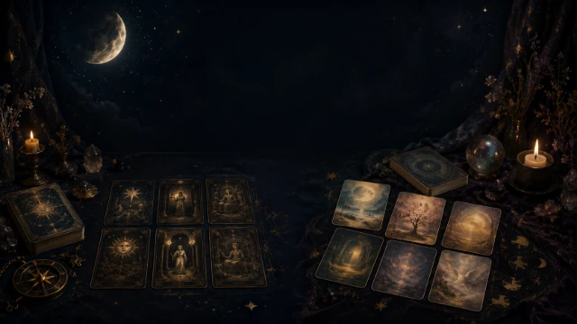 Tarot and oracle cards arranged together beneath a crescent moon