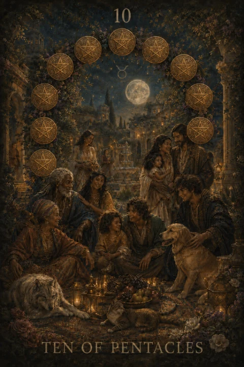 Ten of Pentacles from the Veilrise Arcana tarot deck