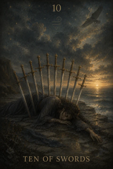 Ten of Swords from the Veilrise Arcana tarot deck