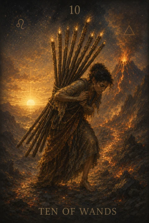Ten of Wands from the Veilrise Arcana tarot deck