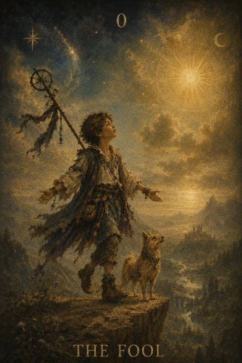 The Fool from the Veilrise Arcana tarot deck