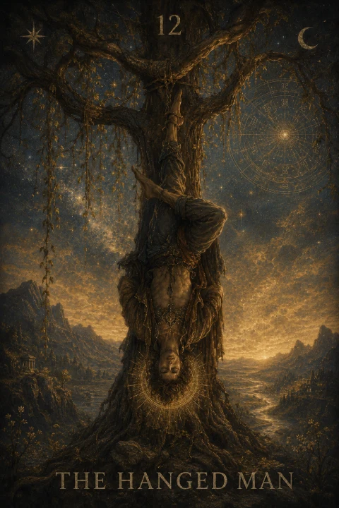 The Hanged Man from the Veilrise Arcana tarot deck