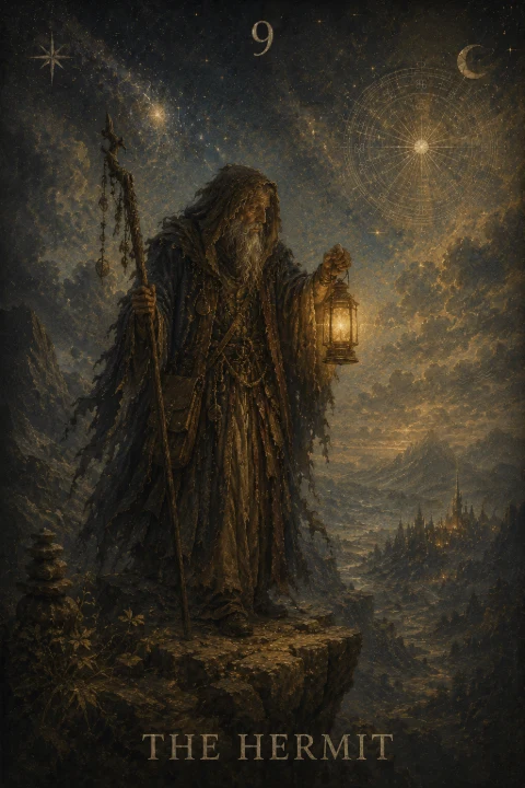 The Hermit from the Veilrise Arcana tarot deck