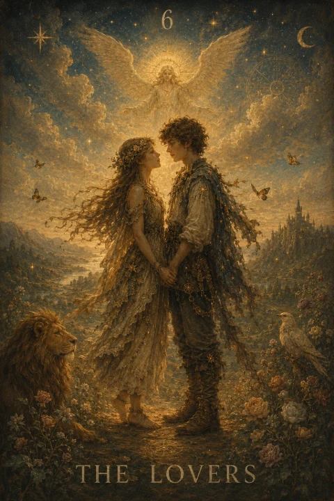 The Lovers from the Veilrise Arcana tarot deck
