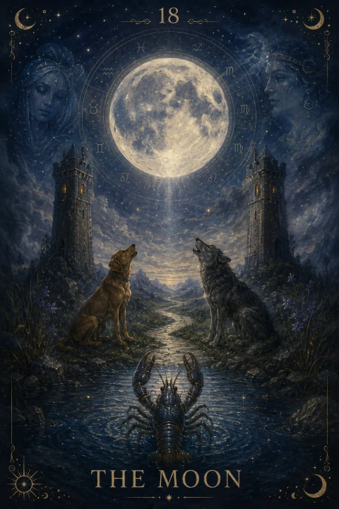 The Moon card from the Veilrise Arcana tarot deck