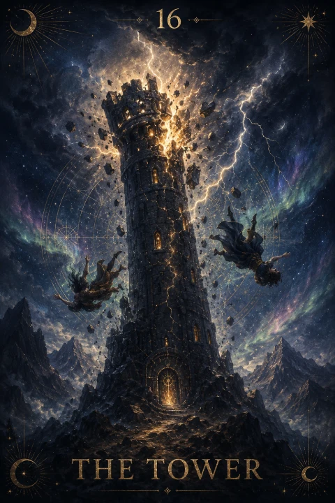 The Tower from the Veilrise Arcana tarot deck