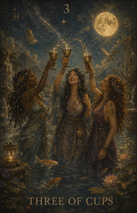 Three of Cups from the Veilrise Arcana tarot deck