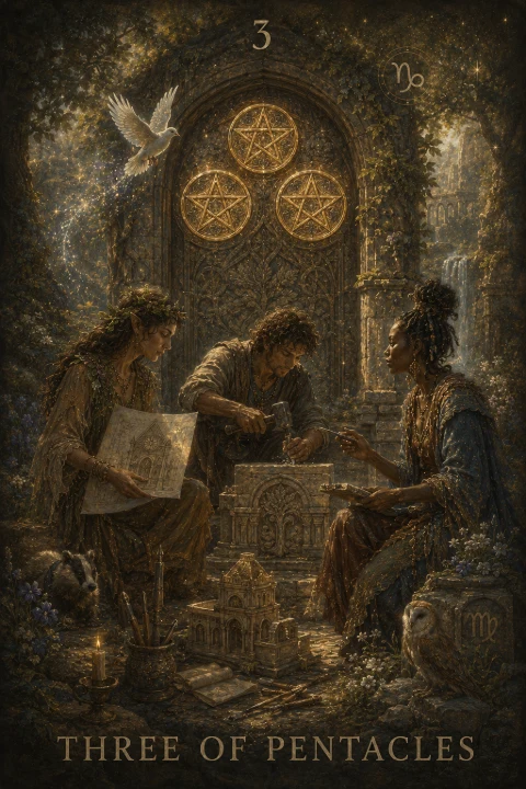 Three of Pentacles from the Veilrise Arcana tarot deck