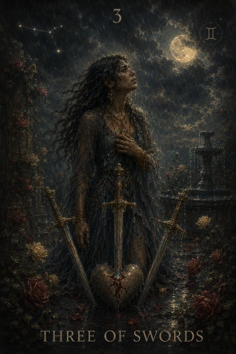 Three of Swords from the Veilrise Arcana tarot deck