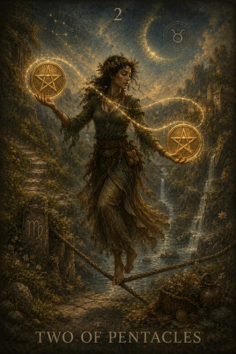 Two of Pentacles from the Veilrise Arcana tarot deck