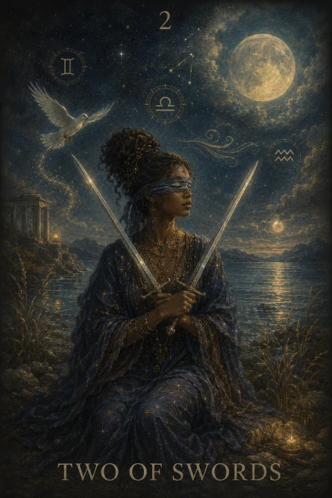 Two of Swords from the Veilrise Arcana tarot deck