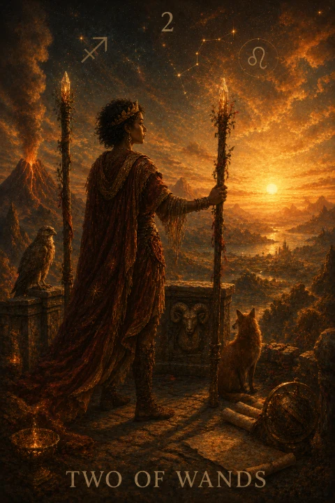 Two of Wands from the Veilrise Arcana tarot deck